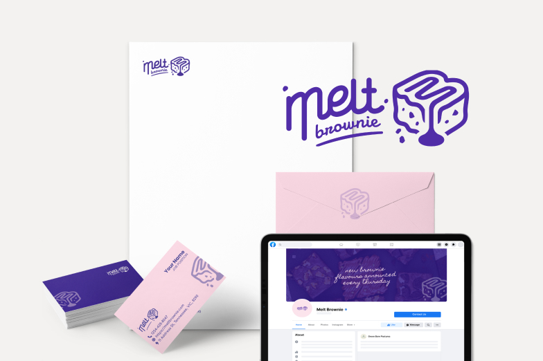 A logo and brand identity pack created for a brownie company including a logo, business cards, a letterhead, an envelope, and a Facebook cover