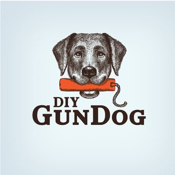 Logo design dog with a TNT-bomb in the mouth for the brand: 'DIY Gun Dog'