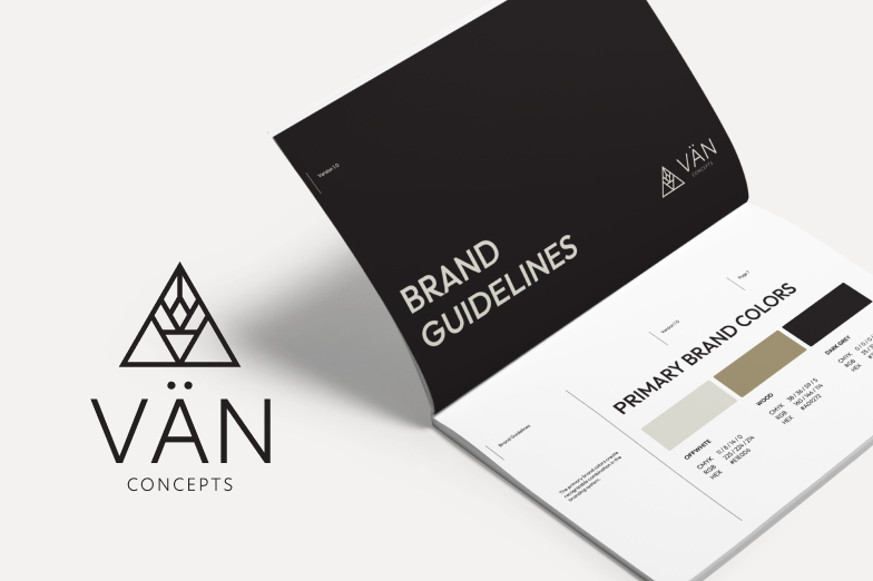 A minimalist logo design and a brand guide showing primary brand colors