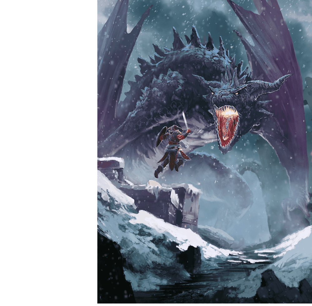 a knight fighting a dragon in a snowstorm