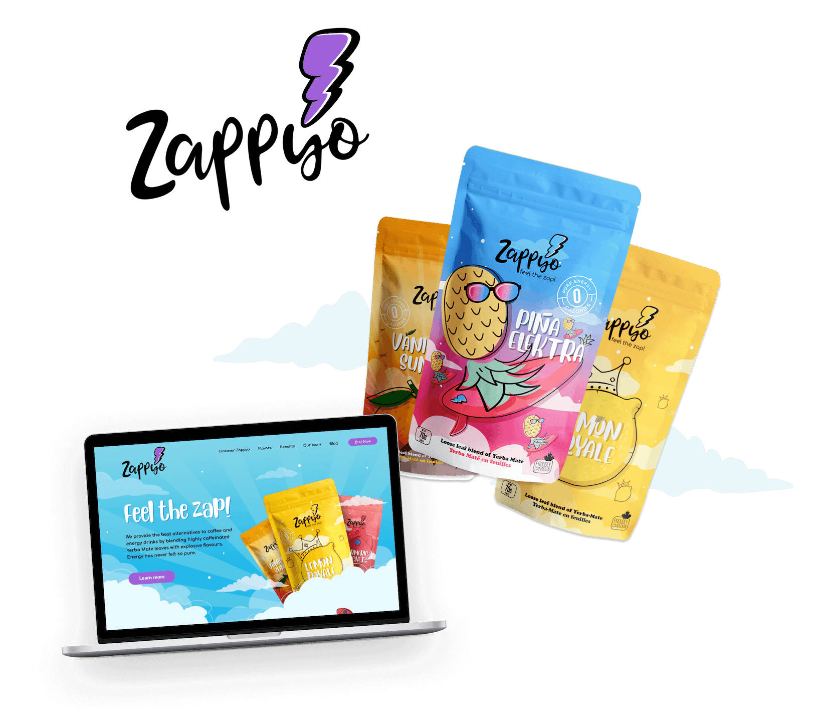 Colorful logo, packaging and website designs for beverage brand Zappyo