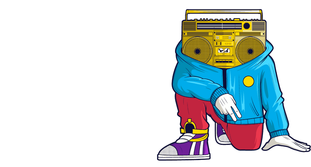 character with a boom box for a head