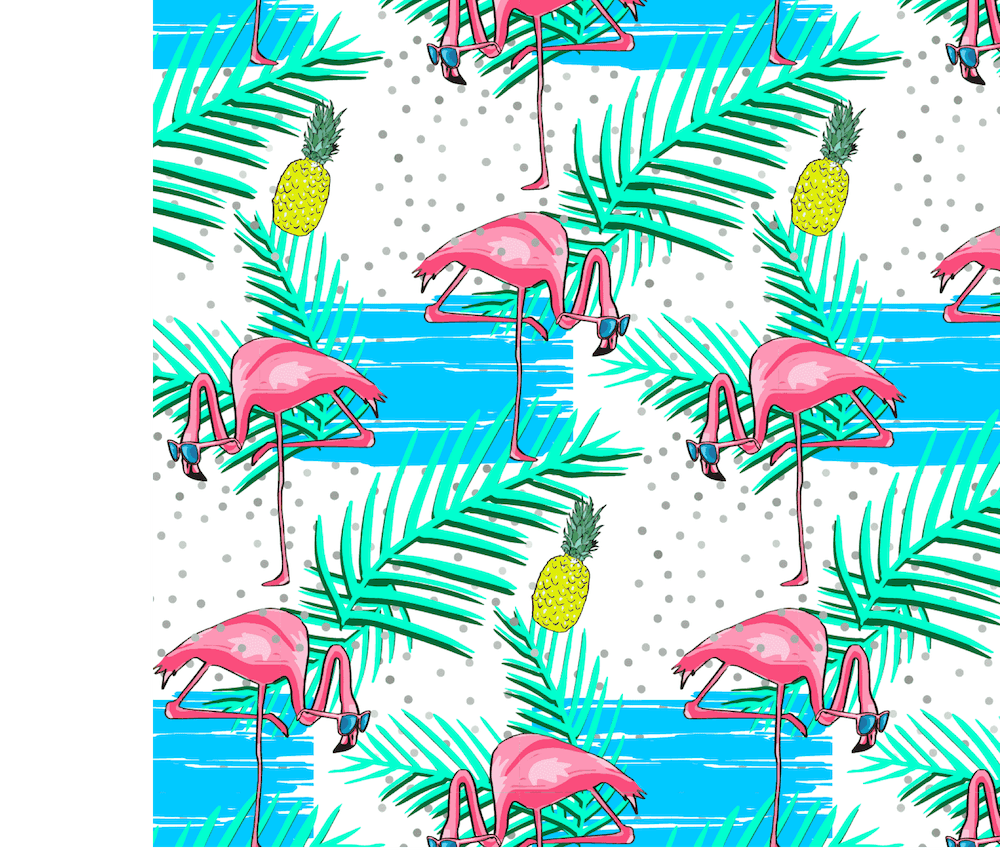 flamingo, leaf and pineapple pattern against a white and blue background