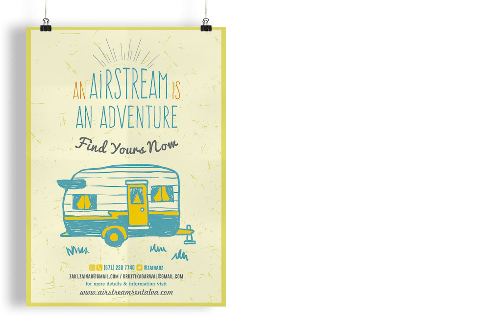 tan and yellow poster with a line drawing of a camper
