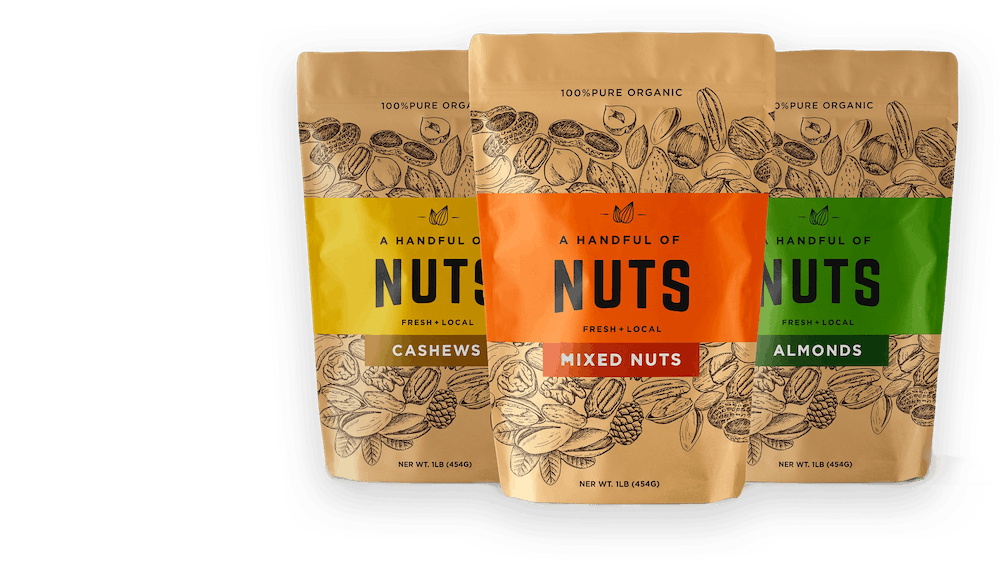 three bags of nuts, each with black line illustrations of nuts
