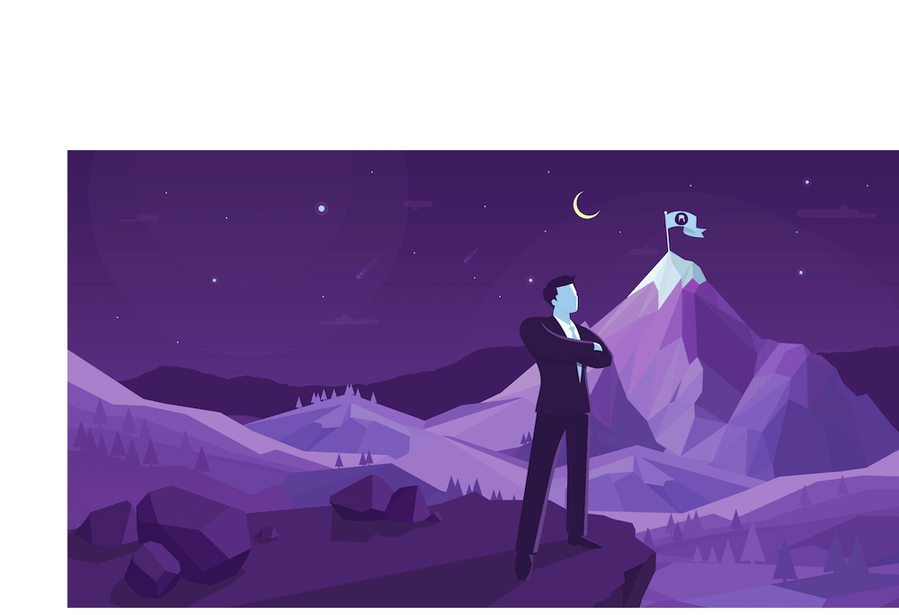 purple image of a faceless man standing on a mountain